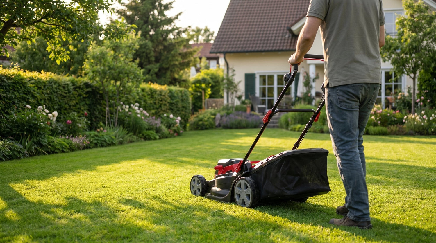 Mann mäht abends mit Akku-Rasenmäher den Rasen – Mulchmähen ohne Fangkorb