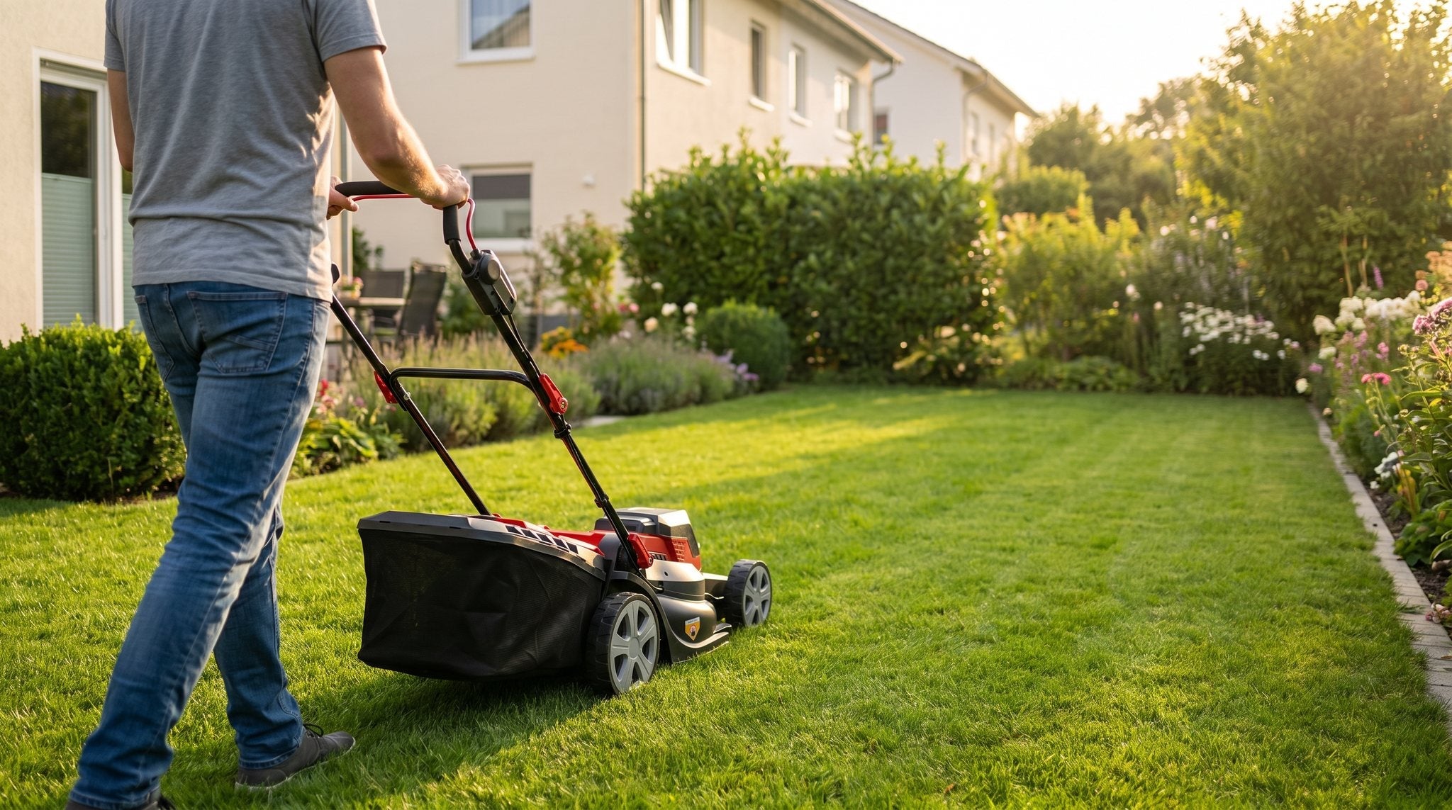 Person mäht mit einem Akku-Rasenmäher von LEO Garden einen Reihenhaus-Garten in der Abendsonne