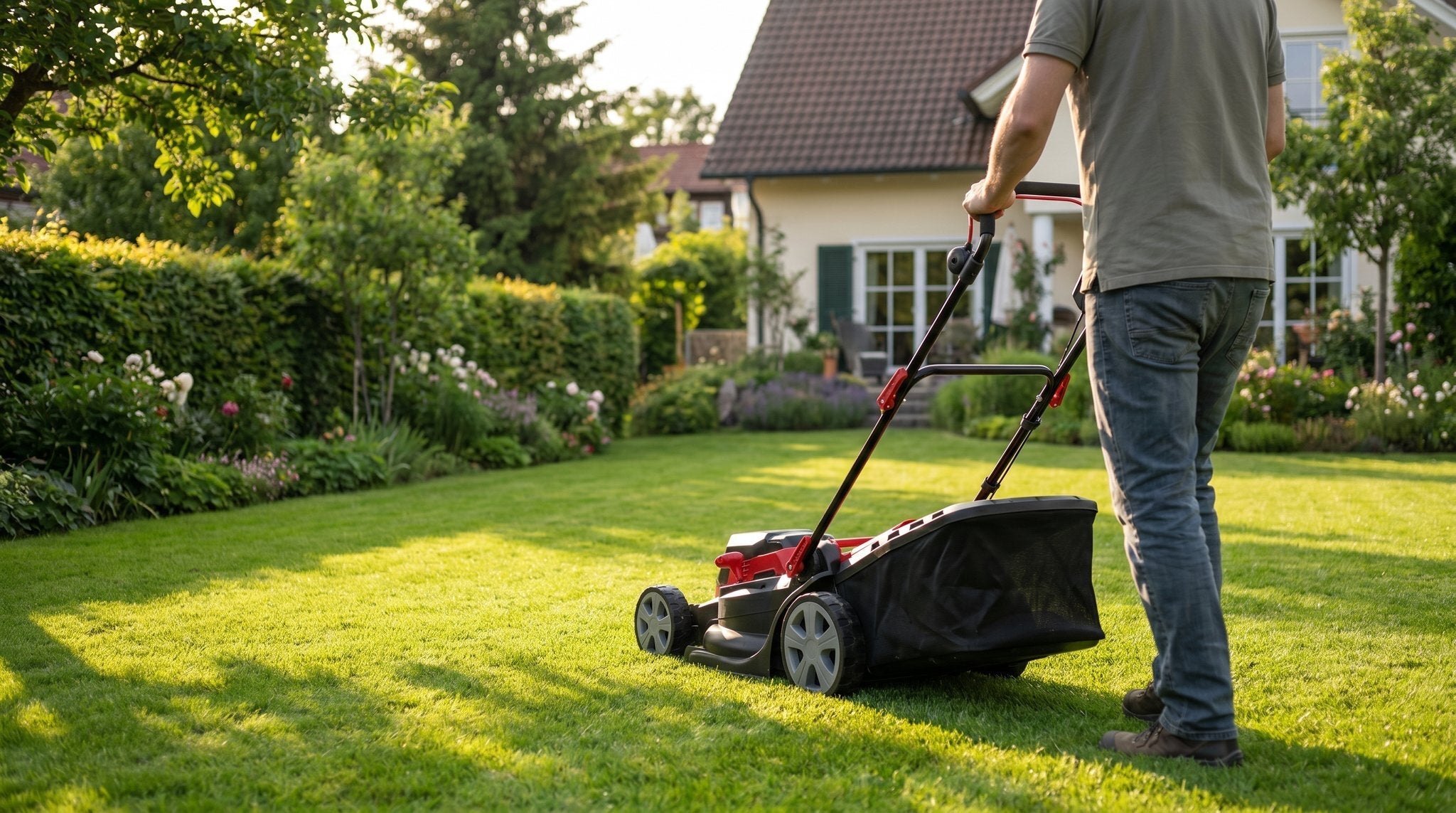 Mann mäht abends mit Akku-Rasenmäher den Rasen – Mulchmähen ohne Fangkorb